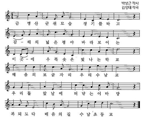 금병산 굳센모습 정기를 타고
김해의 넓은 평야 바라보이는
아곳에 우뚝솟은 빛나는 학교
배움의 보금자리 우리 수남교
우리들 앞날에 터 닦는 이 마당
복되도다 배움의 길 수남초등교